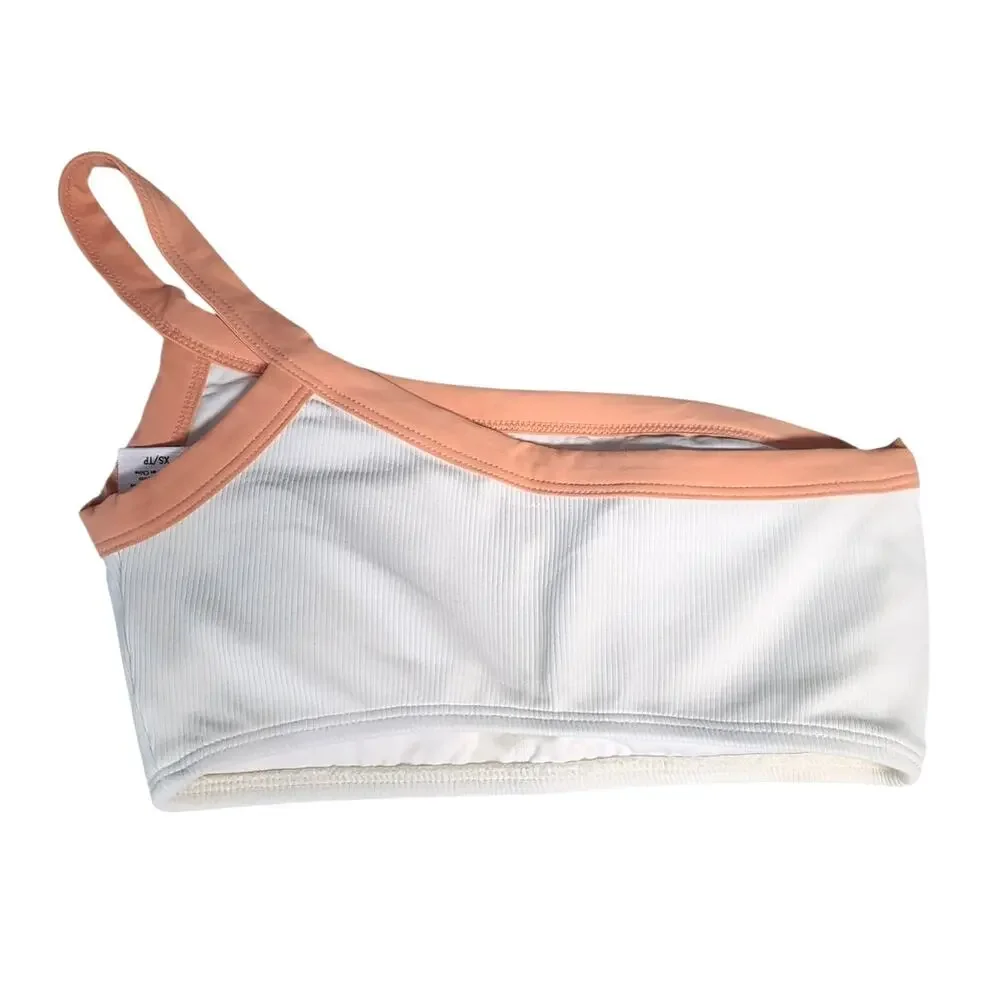 L*Space Swimwear Axel One-Shoulder Ribbed Bikini Top Cream/Citrus XS RHAXT22